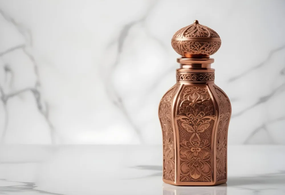 A Decorative Copper Or Bronze Perfume Bottle With An Intricate Floral And Geometric Pattern Engraved On The Surface The Bottle Has A Round Shape With A Narrow Neck And A Decorative Cap On Top Set Against A Marble Counte 29 F6f5