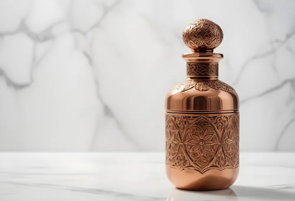 A Decorative Copper Or Bronze Perfume Bottle With An Intricate Floral And Geometric Pattern Engraved On The Surface The Bottle Has A Round Shape With A Narrow Neck And A Decorative Cap On Top Set Against A Marble Counte 30 B9b2