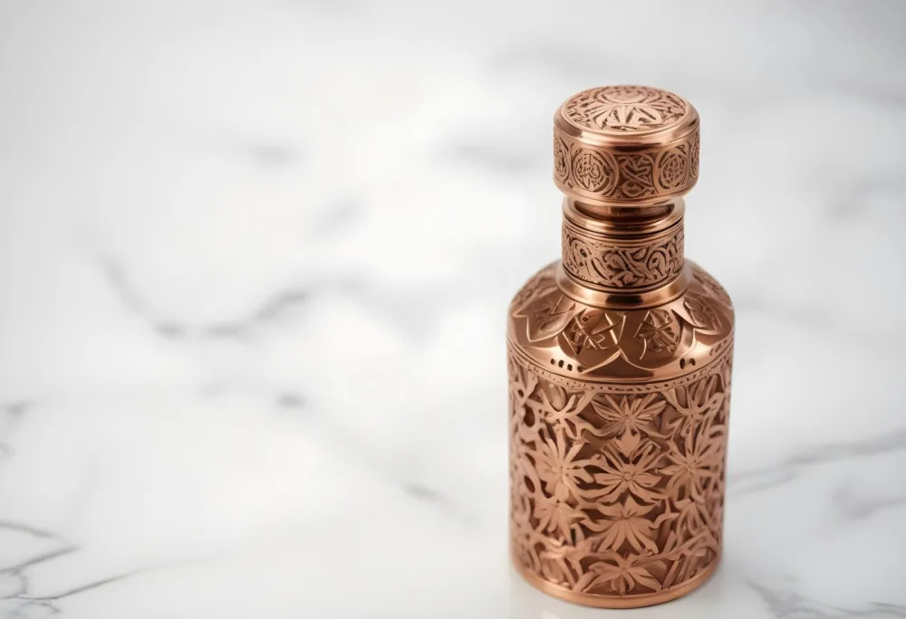A Decorative Copper Or Bronze Perfume Bottle With An Intricate Floral And Geometric Pattern Engraved On The Surface The Bottle Has A Round Shape With A Narrow Neck And A Decorative Cap On Top Set Against A Marble Counte 32 B62d
