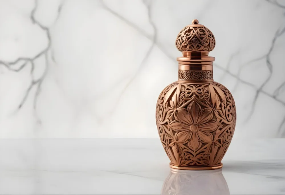 A Decorative Copper Or Bronze Perfume Bottle With An Intricate Floral And Geometric Pattern Engraved On The Surface The Bottle Has A Round Shape With A Narrow Neck And A Decorative Cap On Top Set Against A Marble Counte 43 0609