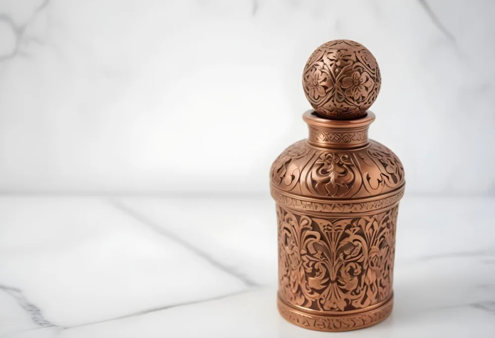 A Decorative Copper Or Bronze Perfume Bottle With An Intricate Floral And Geometric Pattern Engraved On The Surface The Bottle Has A Round Shape With A Narrow Neck And A Decorative Cap On Top Set Against A Marble Counte 49 7717