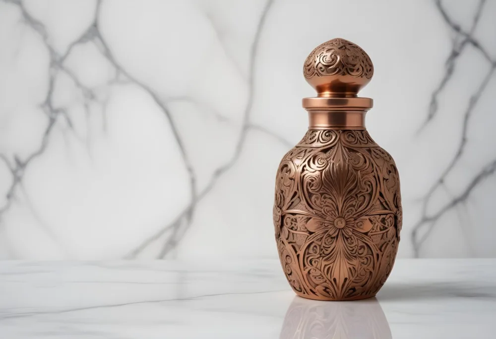 A Decorative Copper Or Bronze Perfume Bottle With An Intricate Floral And Geometric Pattern Engraved On The Surface The Bottle Has A Round Shape With A Narrow Neck And A Decorative Cap On Top Set Against A Marble Counte 7 0727