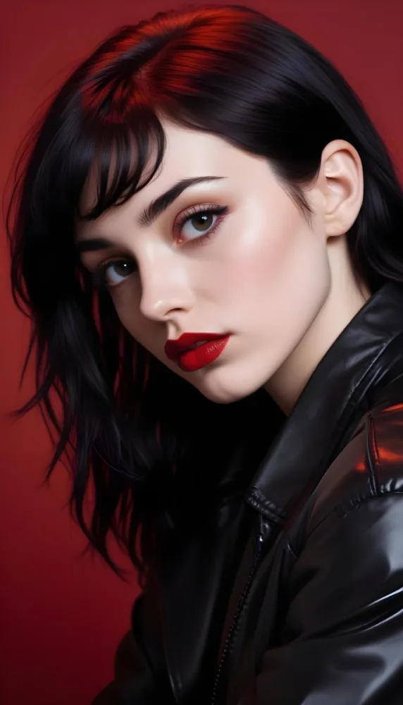 A Fair Skin Caucasian Woman 25 Years Old Black Lips Black Hair Black Jacket Red Background 13 Af04