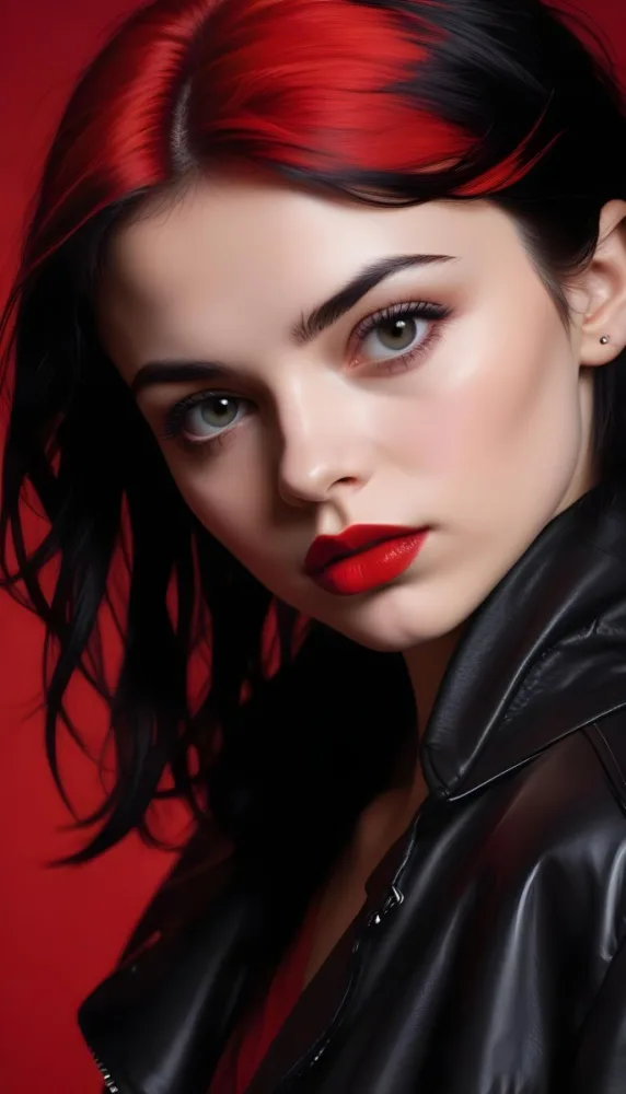 A Fair Skin Caucasian Woman 25 Years Old Black Lips Black Hair Black Jacket Red Background 17 9ed8