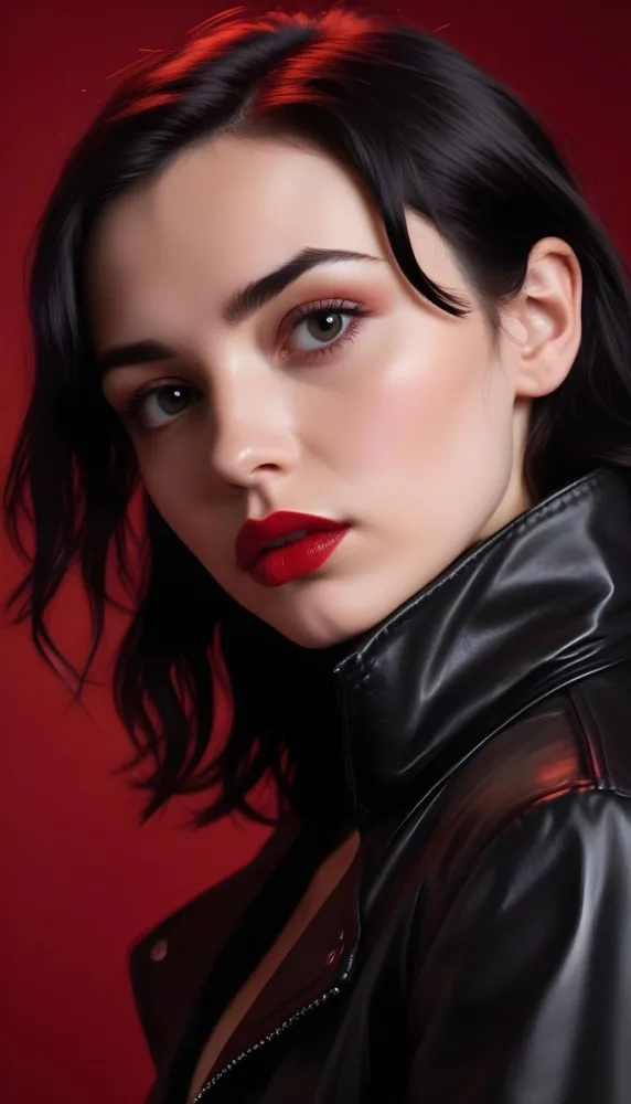 A Fair Skin Caucasian Woman 25 Years Old Black Lips Black Hair Black Jacket Red Background 26 Ac50