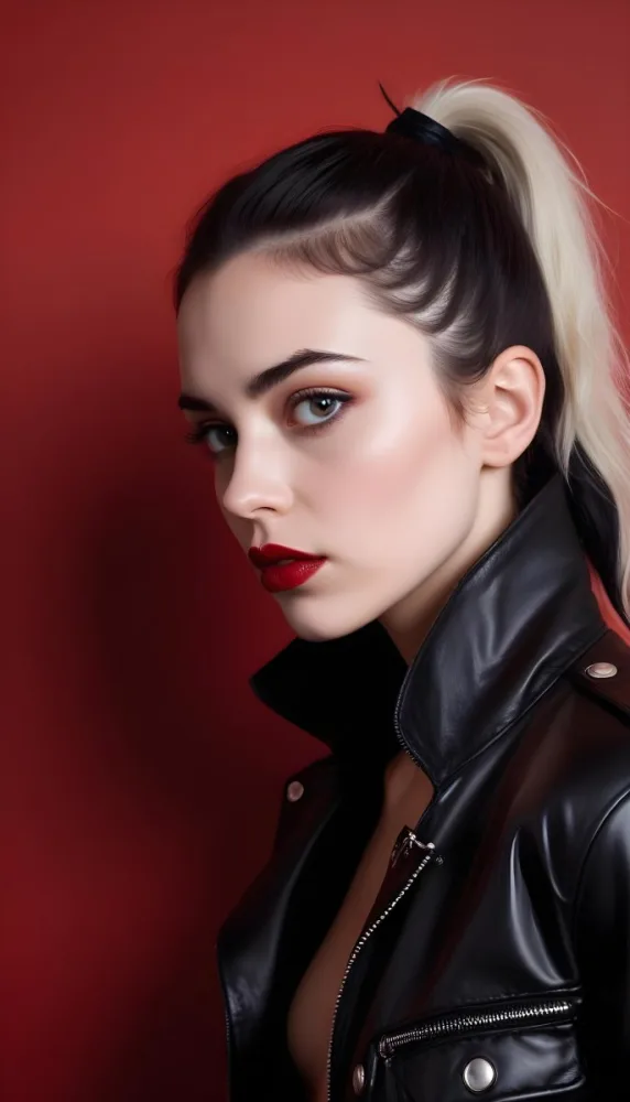A Fair Skin Caucasian Woman 25 Years Old Black Lips Black Hair Black Jacket Red Background 3 D689
