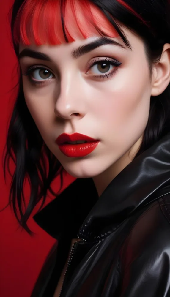 A Fair Skin Caucasian Woman 25 Years Old Black Lips Black Hair Black Jacket Red Background 4 8033
