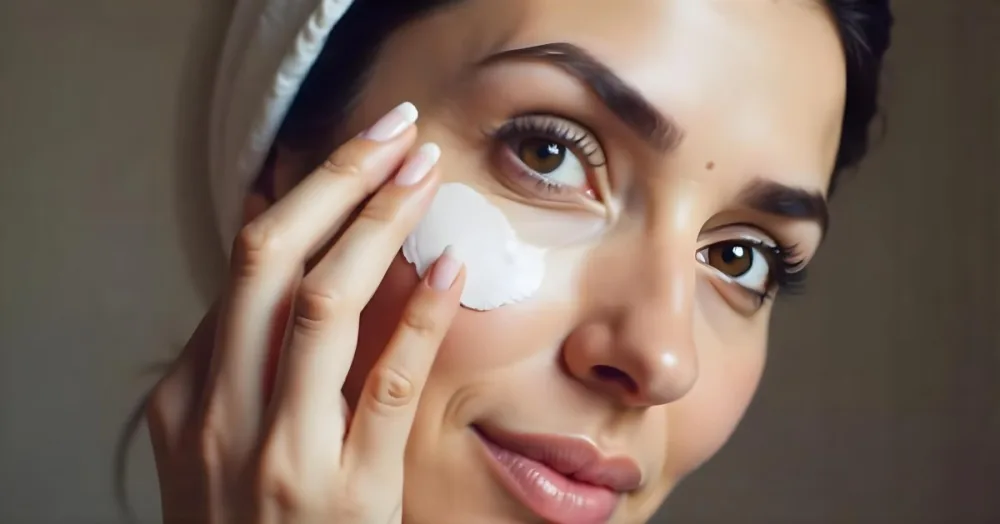 A Fair Skinned Indian Woman Age 30 With Dark Hair Applying Cream Around Her Eyes In A Neutral Background 3 019f