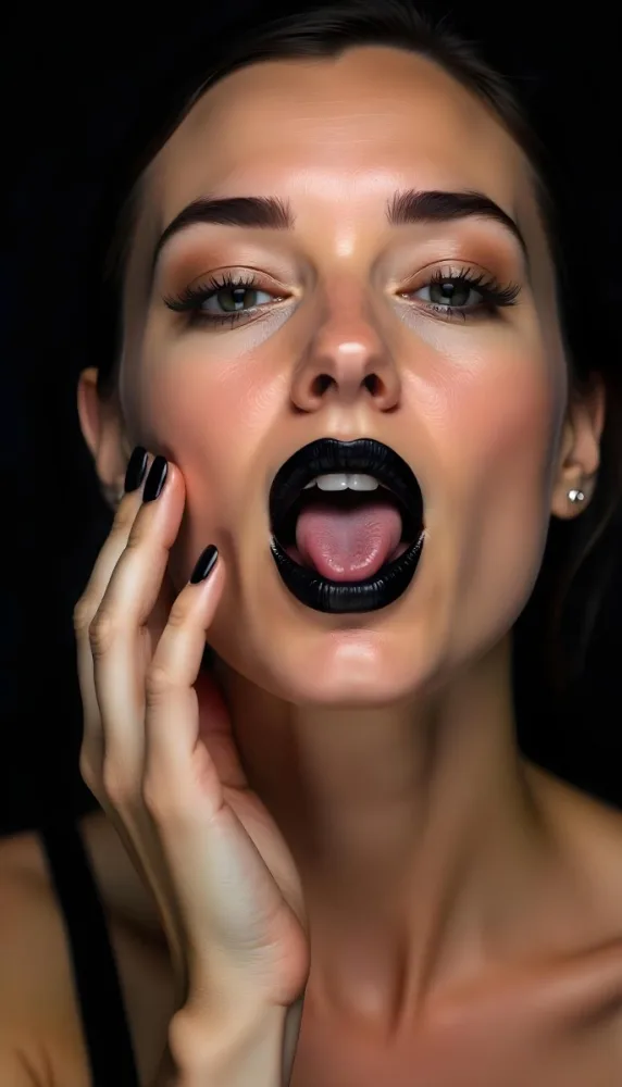 A Fair Skinned Woman Around 25 Years Old With Black Lipstick And Black Nails Sticking Out Her Tongue With A Strawberry On It Black Background 12 993c