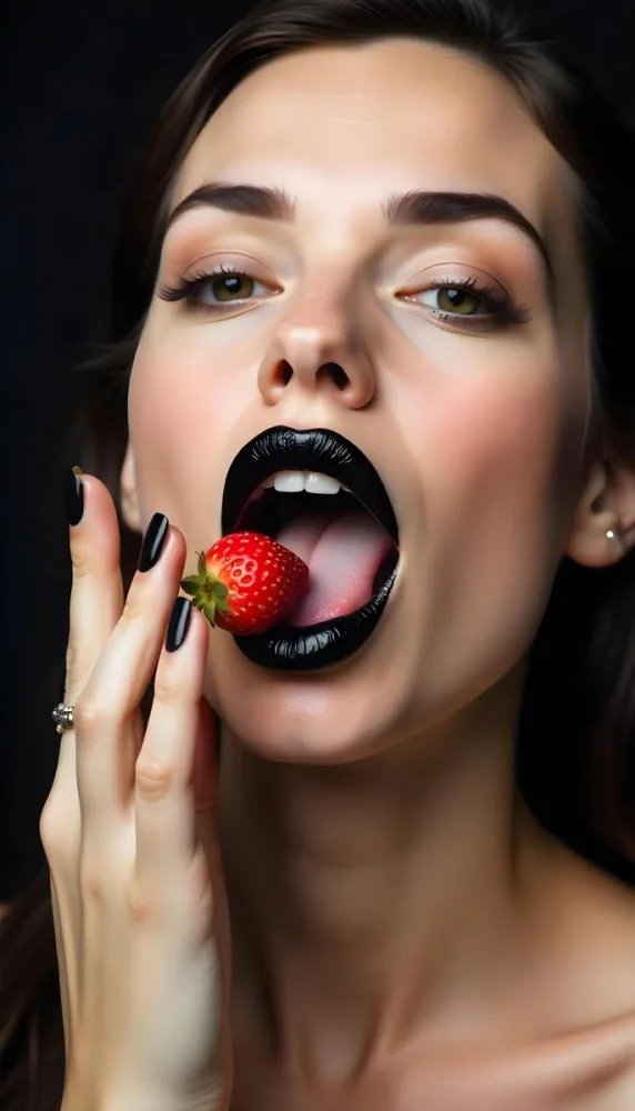 A Fair Skinned Woman Around 25 Years Old With Black Lipstick And Black Nails Sticking Out Her Tongue With A Strawberry On It Black Background 13 Aaf9
