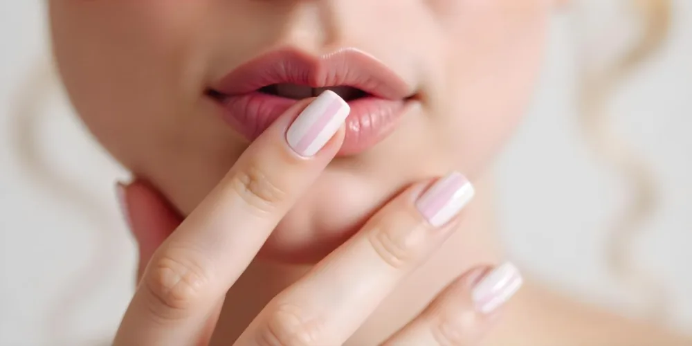 A Fair Skinned Woman Around 25 Years Old With Pink Lips And White Nails With Pink Stripes In A Studio 1 B340