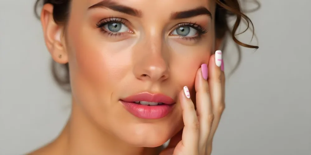 A Fair Skinned Woman Around 25 Years Old With Pink Lips And White Nails With Pink Stripes In A Studio 13 D6a2