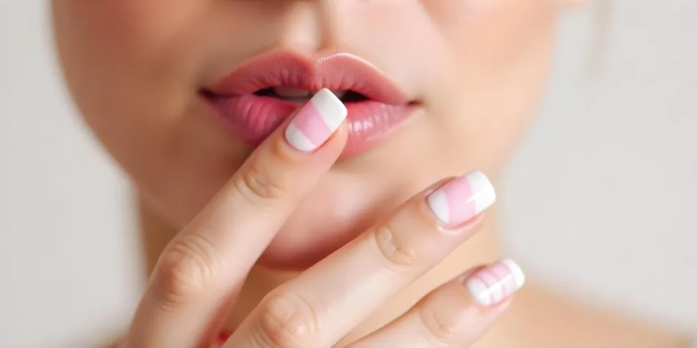 A Fair Skinned Woman Around 25 Years Old With Pink Lips And White Nails With Pink Stripes In A Studio 5 C98a