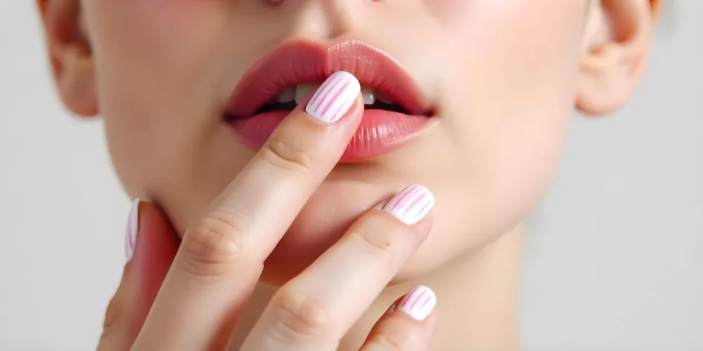 A Fair Skinned Woman Around 25 Years Old With Pink Lips And White Nails With Pink Stripes In A Studio 6 8030