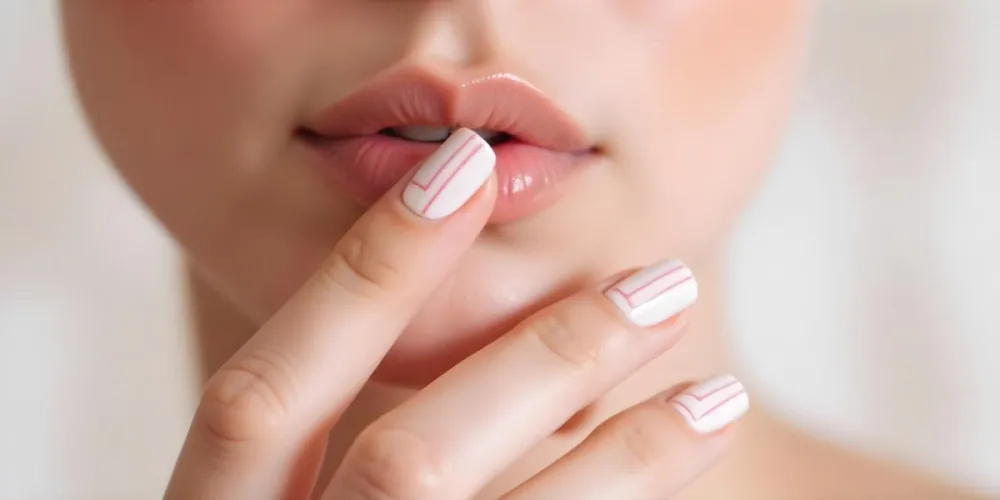 A Fair Skinned Woman Around 25 Years Old With Pink Lips And White Nails With Pink Stripes In A Studio 7 F467