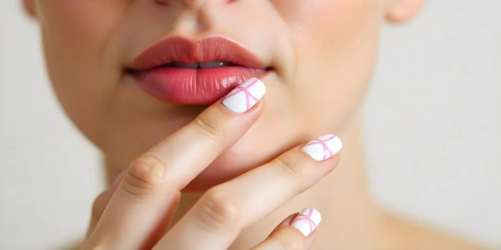A Fair Skinned Woman Around 25 Years Old With Pink Lips And White Nails With Pink Stripes In A Studio 8 Bd9c