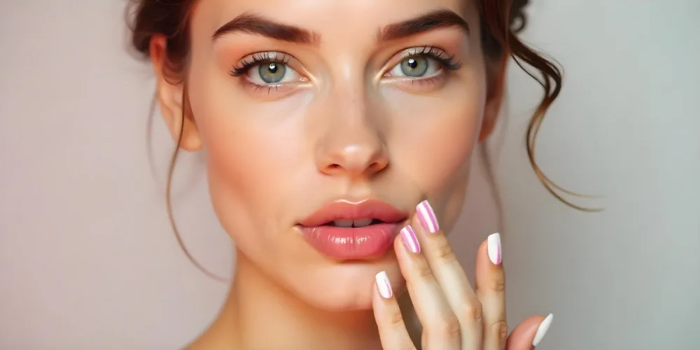 A Fair Skinned Woman Around 25 Years Old With Pink Lips And White Nails With Pink Stripes In A Studio 9 9f8f