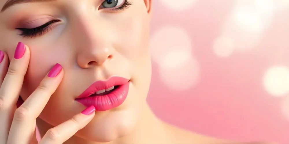 A Fair Skinned Woman Around 25 Years Old With Pink Lipstick And Pink Nail Polish With Her Hand Near Her Face In A Pink Bokeh Background 19 0ee3