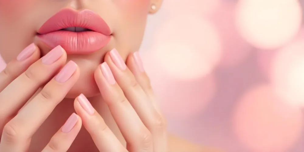 A Fair Skinned Woman Around 25 Years Old With Pink Lipstick And Pink Nail Polish With Her Hand Near Her Face In A Pink Bokeh Background 25 9ec9