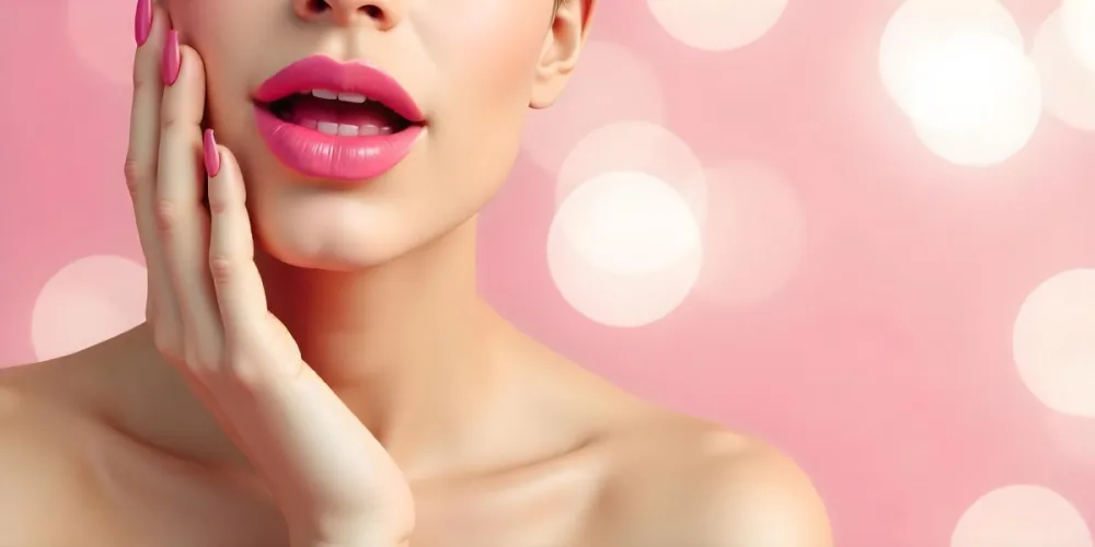 A Fair Skinned Woman Around 25 Years Old With Pink Lipstick And Pink Nail Polish With Her Hand Near Her Face In A Pink Bokeh Background 5 59cc