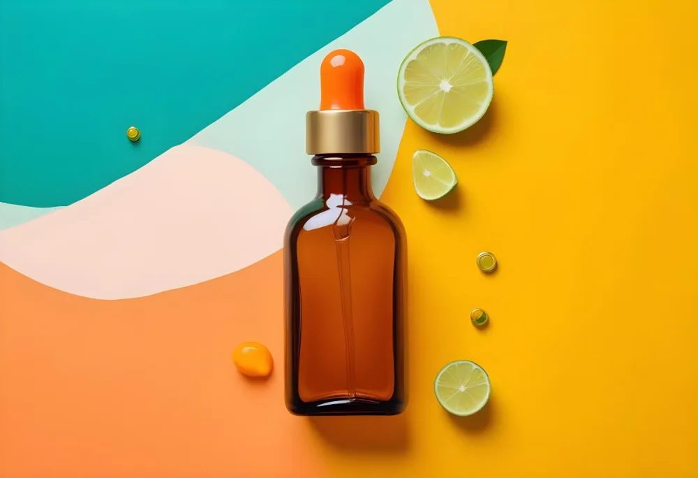A Flat Lay Arrangement Featuring A Brown Glass Dropper Bottle With A Gold Cap Surrounded By Slices Of Orange Lime And Along With Small Green Capsules And Yellow Leaves On A White Background 12 7bdb