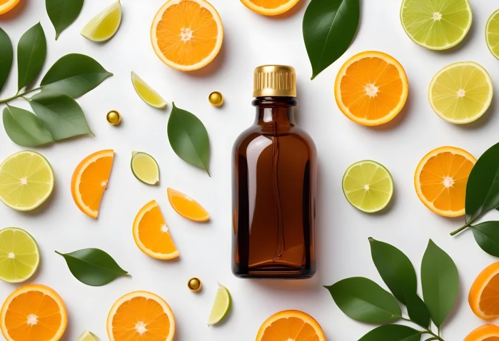 A Flat Lay Arrangement Featuring A Brown Glass Dropper Bottle With A Gold Cap Surrounded By Slices Of Orange Lime And Along With Small Green Capsules And Yellow Leaves On A White Background 18 8adc