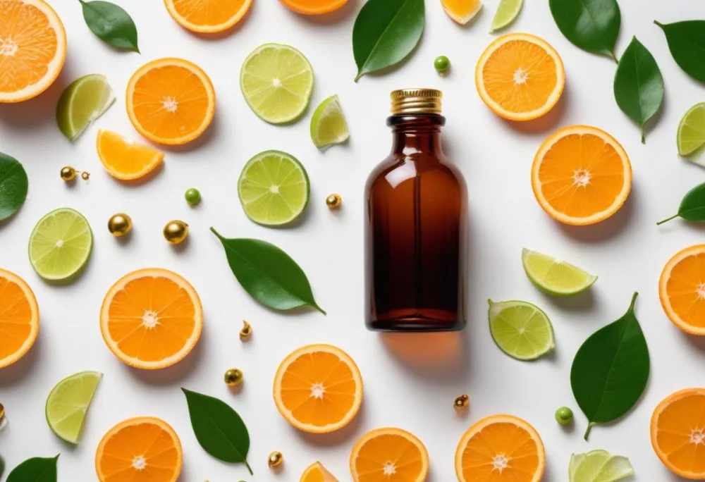 A Flat Lay Arrangement Featuring A Brown Glass Dropper Bottle With A Gold Cap Surrounded By Slices Of Orange Lime And Along With Small Green Capsules And Yellow Leaves On A White Background 21 0db2