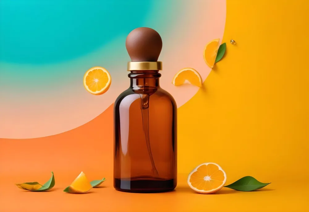 A Flat Lay Arrangement Featuring A Brown Glass Dropper Bottle With A Gold Cap Surrounded By Slices Of Orange Lime And Along With Small Green Capsules And Yellow Leaves On A White Background 23 695e