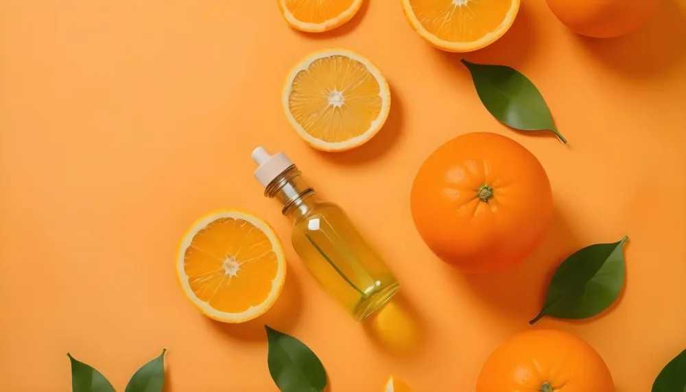 A Flat Lay Arrangement Featuring A Brown Glass Dropper Bottle With A Gold Cap Surrounded By Slices Of Orange Lime And Along With Small Green Capsules And Yellow Leaves On A White Background 27 B1e9