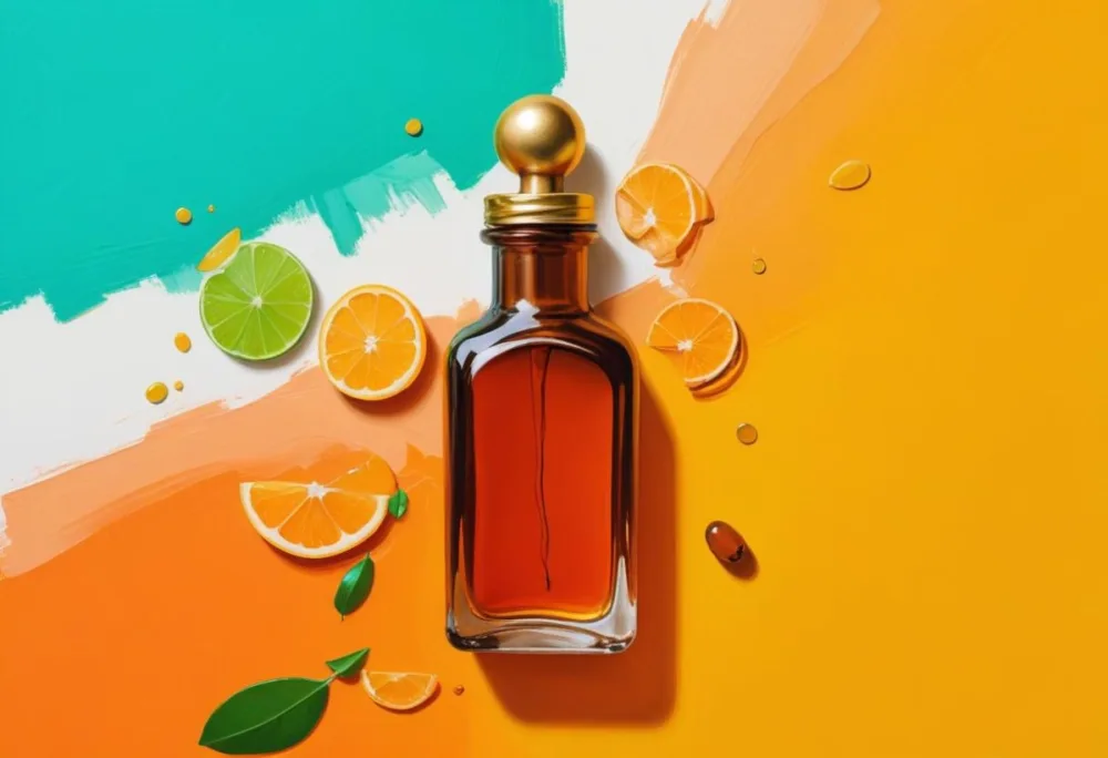 A Flat Lay Arrangement Featuring A Brown Glass Dropper Bottle With A Gold Cap Surrounded By Slices Of Orange Lime And Along With Small Green Capsules And Yellow Leaves On A White Background 3 92ac