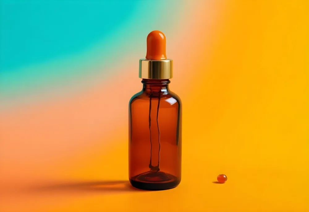 A Flat Lay Arrangement Featuring A Brown Glass Dropper Bottle With A Gold Cap Surrounded By Slices Of Orange Lime And Along With Small Green Capsules And Yellow Leaves On A White Background 33 0983