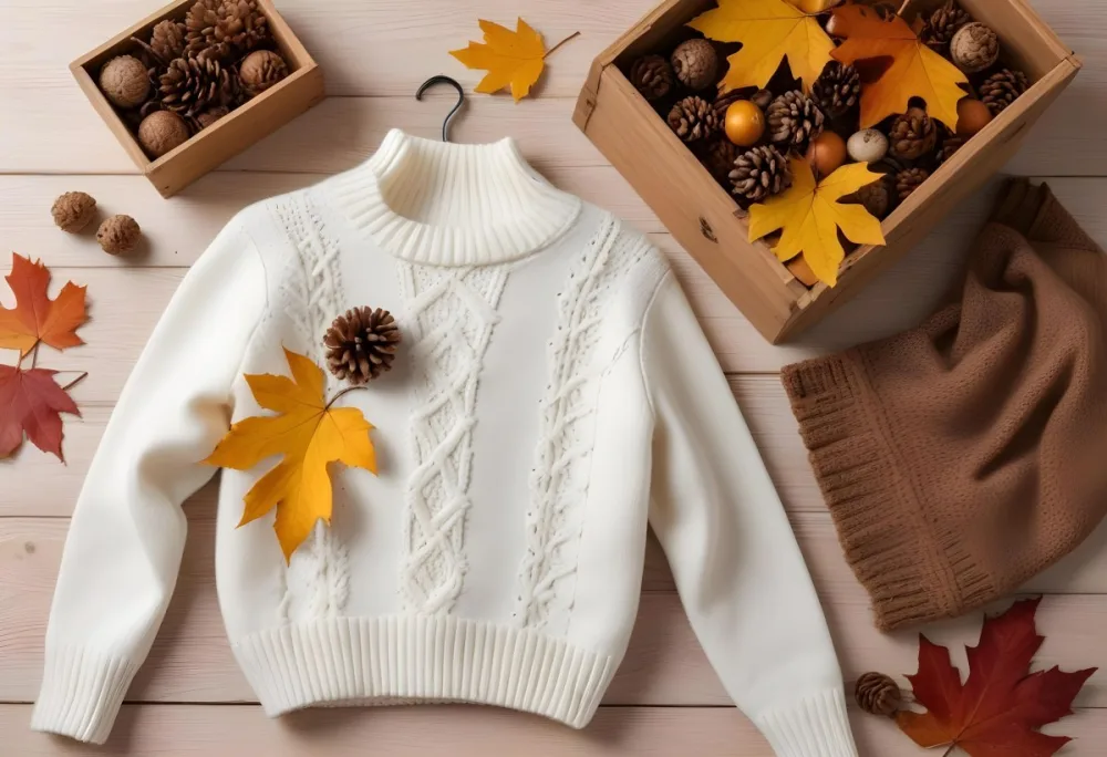 A Flat Lay Arrangement Featuring A Cozy White Knitted Sweater A Brown Knitted Item And A Yellow Hanger Surrounding The Clothing Are Autumn Leaves Pine Cones And A Small Wooden Box Filled With Acorns A Fluffy Orna 2bc8