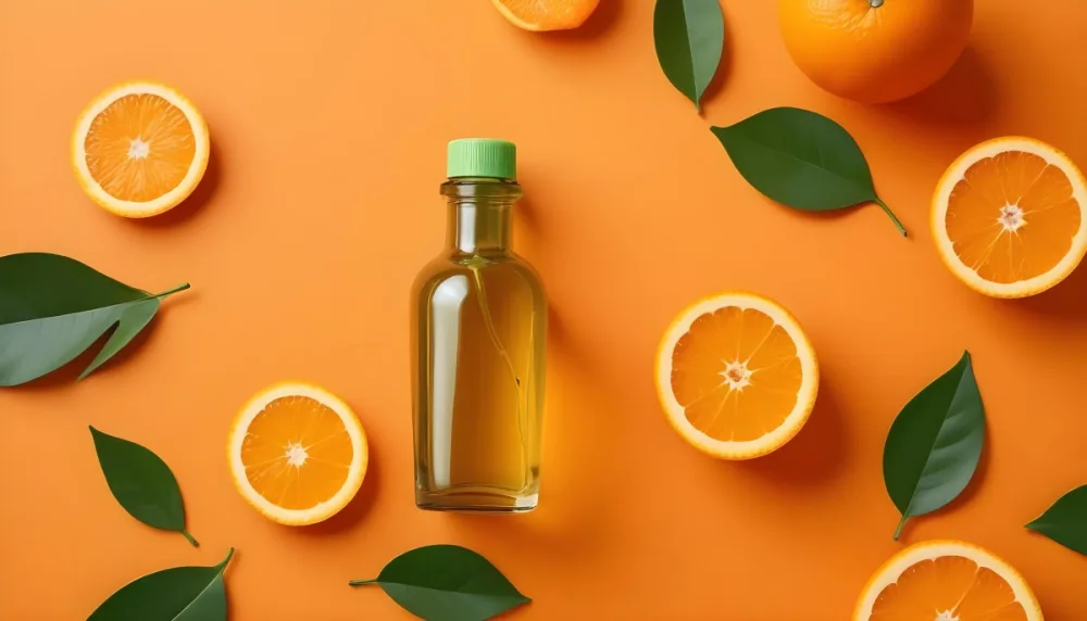 A Flat Lay Arrangement Featuring A Glass Dropper Bottle Filled With Green Liquid Surrounded By Fresh Orange Slices A Whole Orange And Green Leaves On A Bright Orange Background 20 3dc5