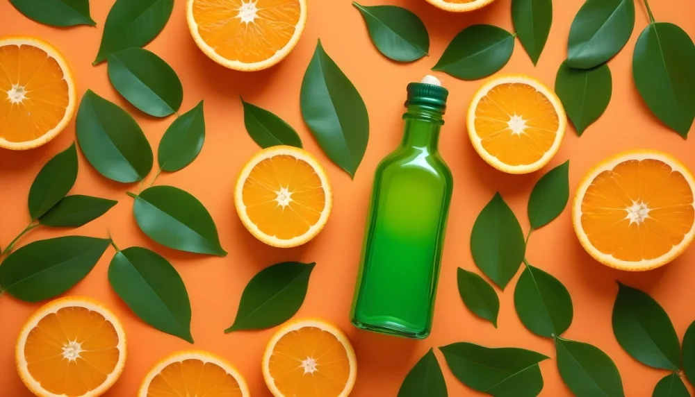 A Flat Lay Arrangement Featuring A Glass Dropper Bottle Filled With Green Liquid Surrounded By Fresh Orange Slices A Whole Orange And Green Leaves On A Bright Orange Background 21 2e57