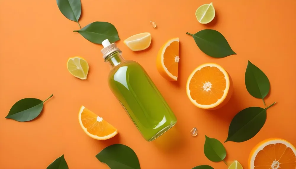 A Flat Lay Arrangement Featuring A Glass Dropper Bottle Filled With Green Liquid Surrounded By Fresh Orange Slices A Whole Orange And Green Leaves On A Bright Orange Background 25 C75b