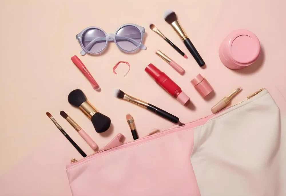 A Flat Lay Arrangement Of Various Makeup Items On A Pastel Pink And Beige Background The Items Include A Tube Of Cream A Makeup Brush A Red Nail Polish Several Makeup Brushes A Compact Powder And A Pair Of Vintage Sun 1 18ad