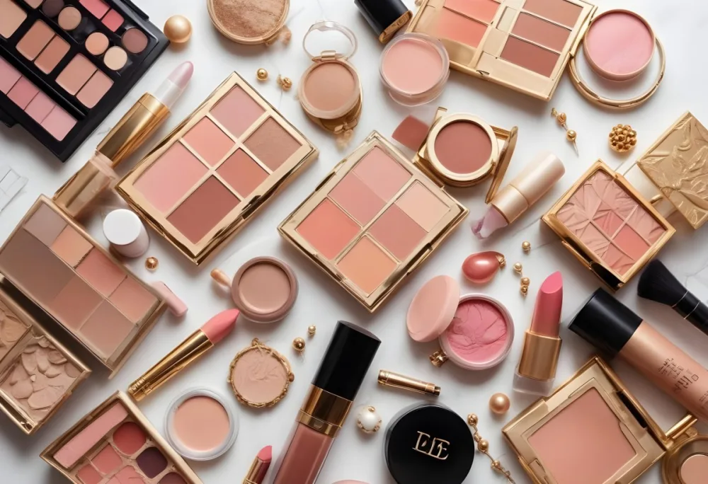 A Flat Lay Arrangement Of Various Makeup Products Including Lipsticks Foundation Blush And Eyeshadow Palettes The Items Feature Gold Accents And Are Surrounded By Small Decorative Beads The Background Is White 8cd1