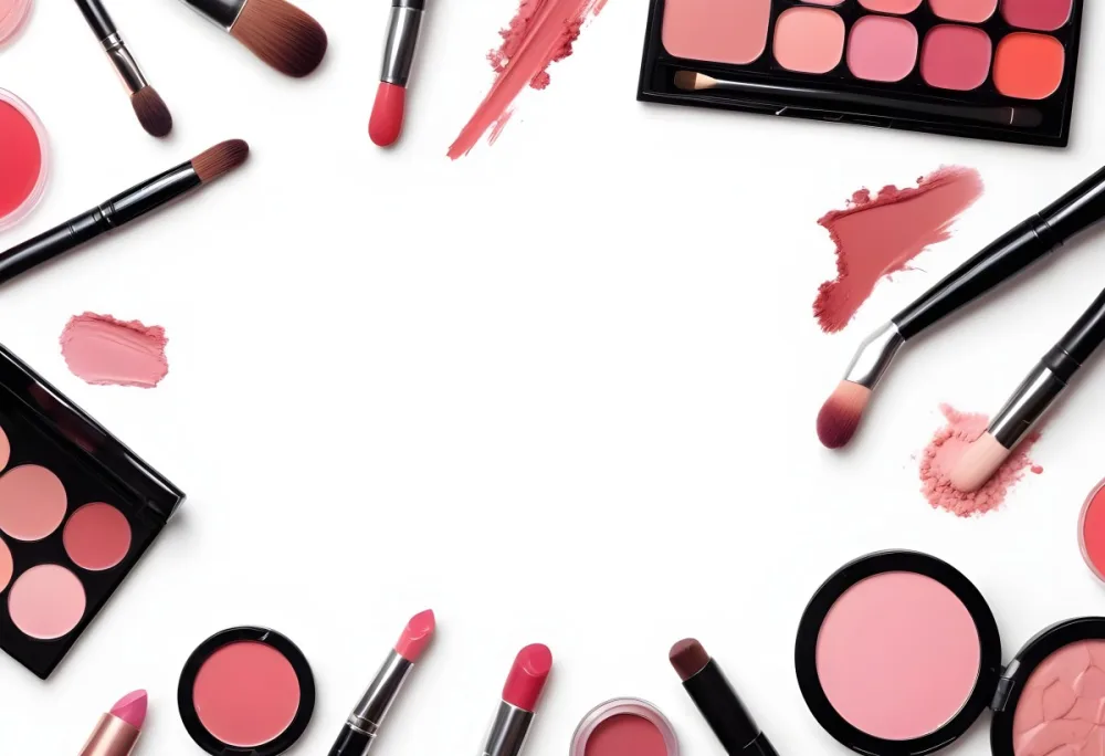 A Flat Lay Arrangement Of Various Makeup Products On A White Background The Items Include Lipsticks In Shades Of Pink And Red Makeup Brushes A Palette Of Eyeshadows Blushes And A Compact Powder The Products Are Ar 3 0bea