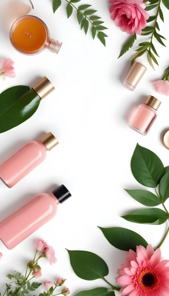 A Flat Lay Arrangement Of Various Natural Beauty And Skincare Products Including A Glass Bottle A Pink Cosmetic Bottle And Fresh Flowers And Leaves On A White Background 1