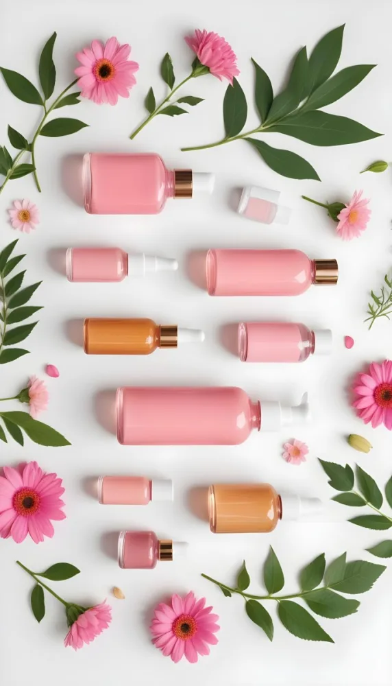 A Flat Lay Arrangement Of Various Natural Beauty And Skincare Products Including A Glass Bottle A Pink Cosmetic Bottle And Fresh Flowers And Leaves On A White Background 10 1b06