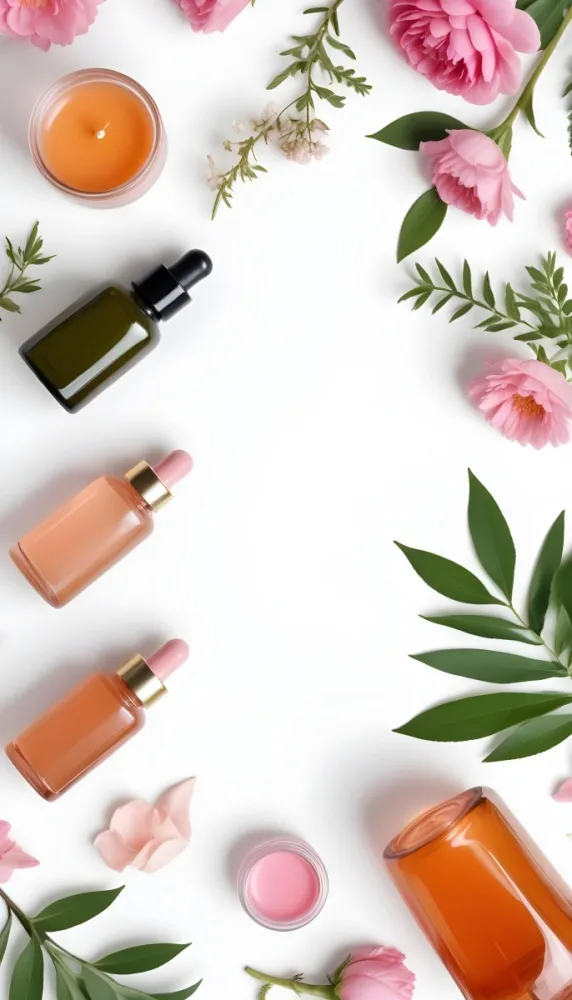 A Flat Lay Arrangement Of Various Natural Beauty And Skincare Products Including A Glass Bottle A Pink Cosmetic Bottle And Fresh Flowers And Leaves On A White Background 12 A86c