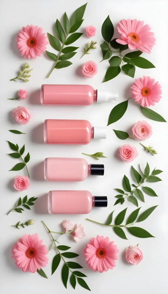 A Flat Lay Arrangement Of Various Natural Beauty And Skincare Products Including A Glass Bottle A Pink Cosmetic Bottle And Fresh Flowers And Leaves On A White Background 13 E05b