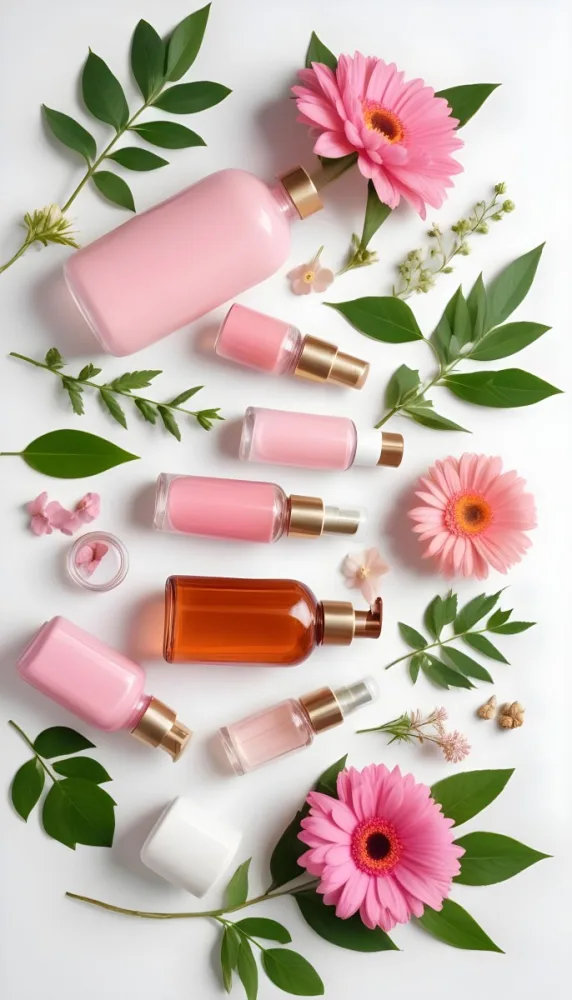 A Flat Lay Arrangement Of Various Natural Beauty And Skincare Products Including A Glass Bottle A Pink Cosmetic Bottle And Fresh Flowers And Leaves On A White Background 15 Cf10