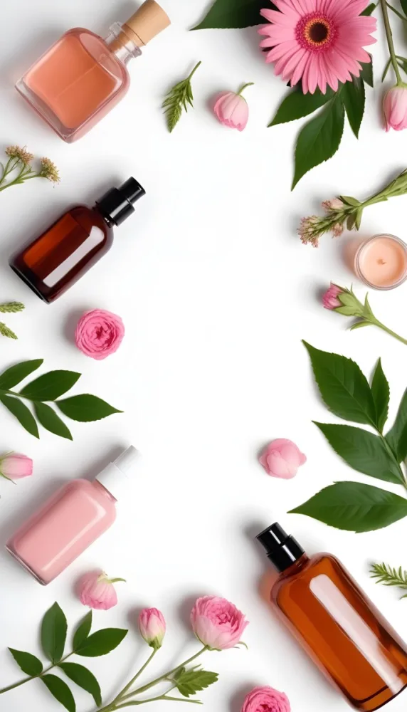 A Flat Lay Arrangement Of Various Natural Beauty And Skincare Products Including A Glass Bottle A Pink Cosmetic Bottle And Fresh Flowers And Leaves On A White Background 16 40f5
