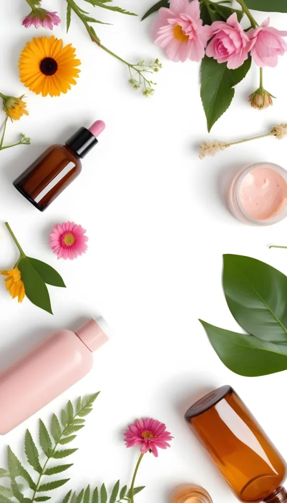 A Flat Lay Arrangement Of Various Natural Beauty And Skincare Products Including A Glass Bottle A Pink Cosmetic Bottle And Fresh Flowers And Leaves On A White Background 17 A3ee