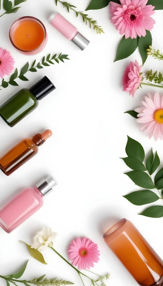 A Flat Lay Arrangement Of Various Natural Beauty And Skincare Products Including A Glass Bottle A Pink Cosmetic Bottle And Fresh Flowers And Leaves On A White Background 18 613f