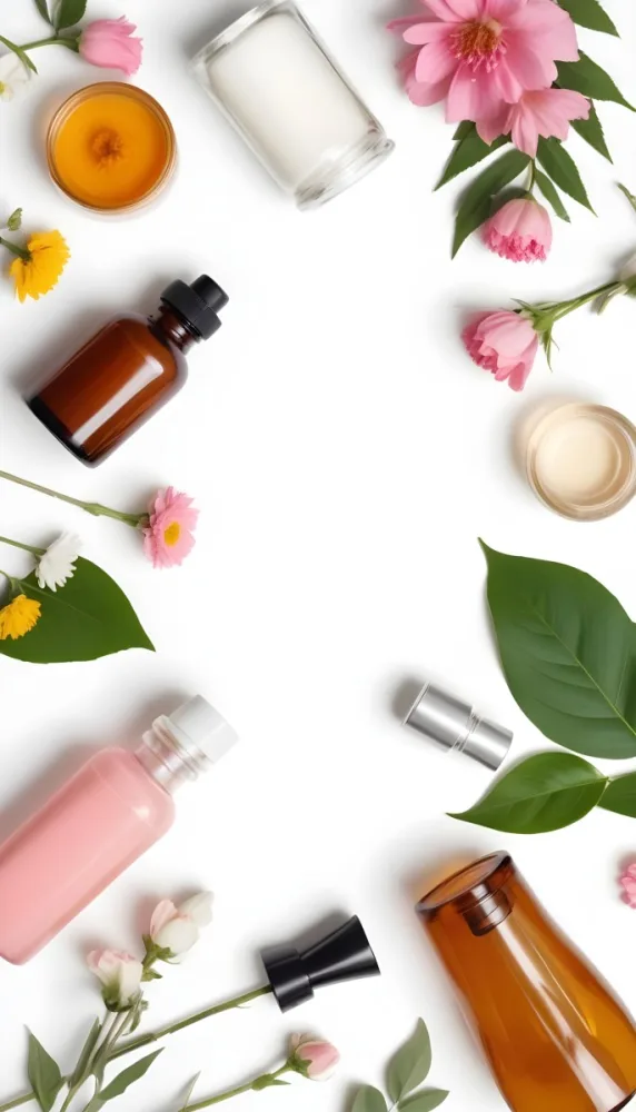 A Flat Lay Arrangement Of Various Natural Beauty And Skincare Products Including A Glass Bottle A Pink Cosmetic Bottle And Fresh Flowers And Leaves On A White Background 19 B401