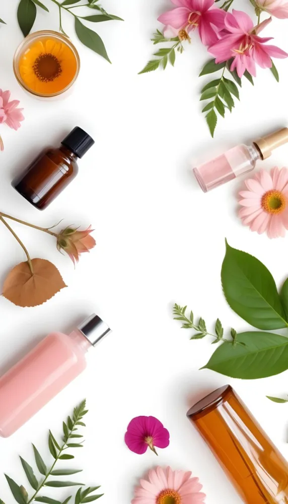 A Flat Lay Arrangement Of Various Natural Beauty And Skincare Products Including A Glass Bottle A Pink Cosmetic Bottle And Fresh Flowers And Leaves On A White Background 2 C818