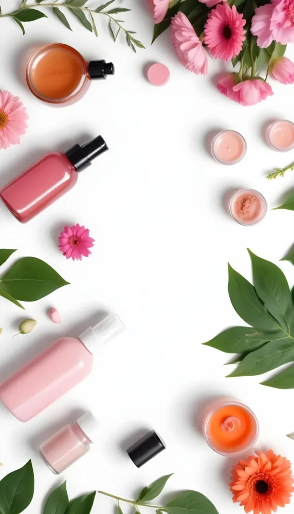 A Flat Lay Arrangement Of Various Natural Beauty And Skincare Products Including A Glass Bottle A Pink Cosmetic Bottle And Fresh Flowers And Leaves On A White Background 20 8597