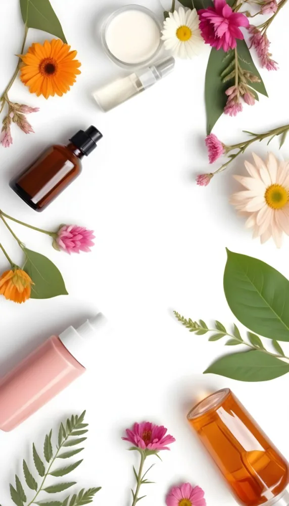 A Flat Lay Arrangement Of Various Natural Beauty And Skincare Products Including A Glass Bottle A Pink Cosmetic Bottle And Fresh Flowers And Leaves On A White Background 22 20bb